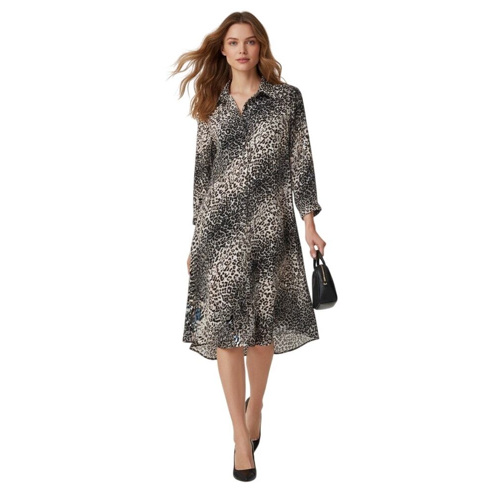 Lilly Collection Shirt Dress XL Black Leopard Animal Print Casual Career NWT